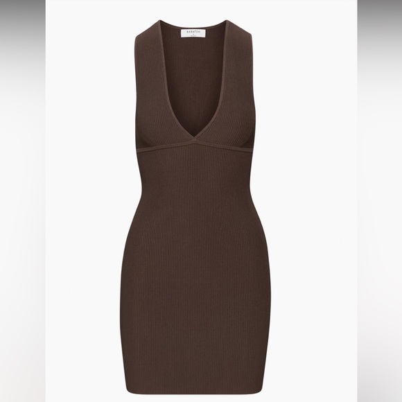 Aritzia Babaton Sculpt Ribbed deep V neck mini dress in Mocha Brown new tags - Picture 1 of 4